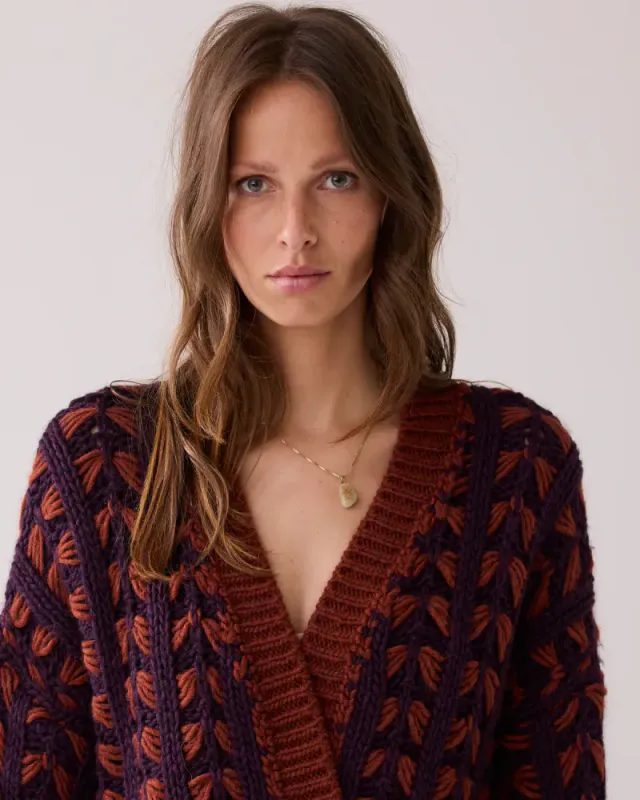 Summum chunky strikk cardigan,  rust/plomme farge