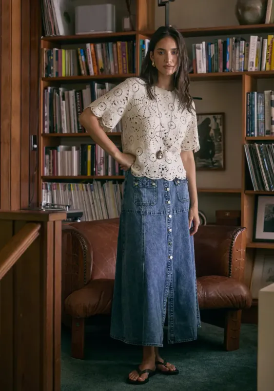 Mos, Aveline denim midi skjørt, denimblå