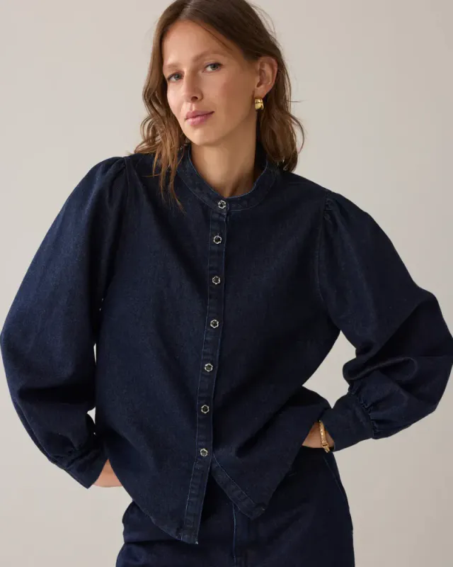 Summum, denim bowtie blouse with lurex, mørk blå