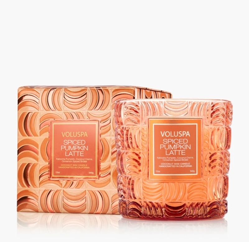 Voluspa spiced pumpkin latte, boxed candle