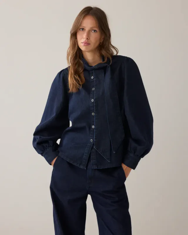 Summum, denim bowtie blouse with lurex, mørk blå